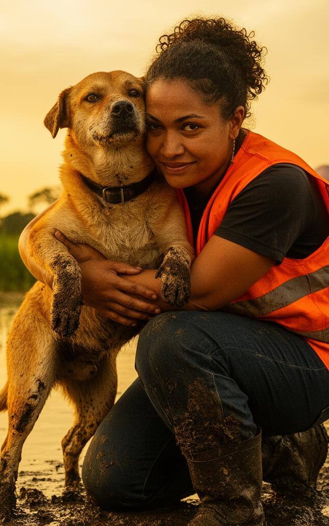 Voluntária da Asa Brasil abraçando cão resgatado em área de enchente