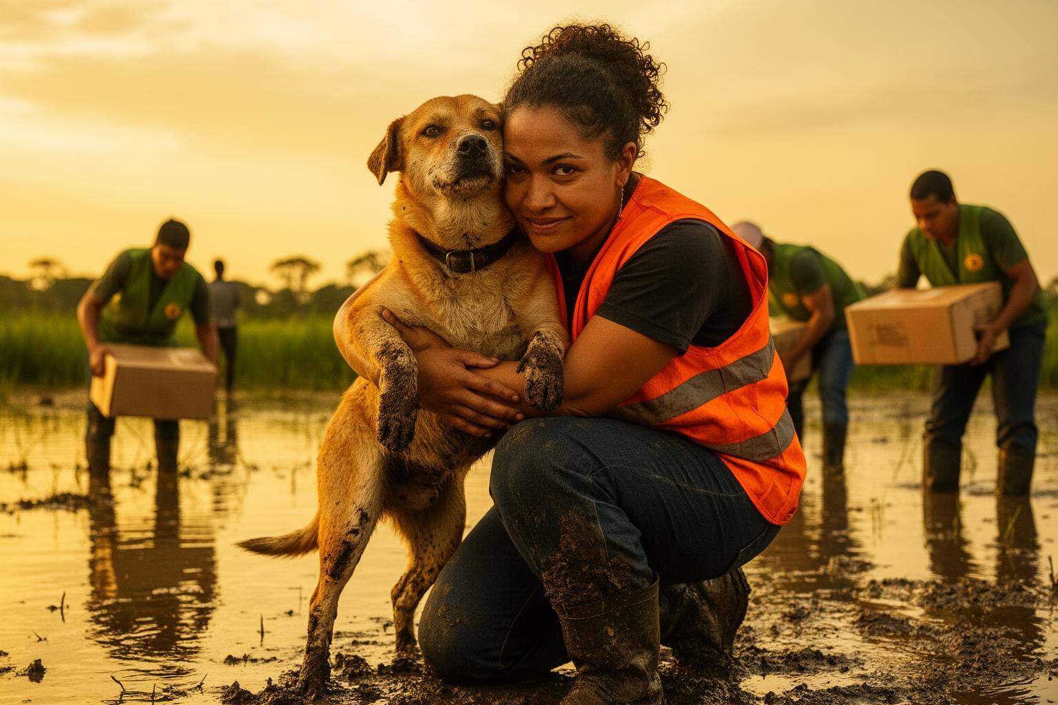 Voluntária da Asa Brasil abraçando cão resgatado em área de enchente