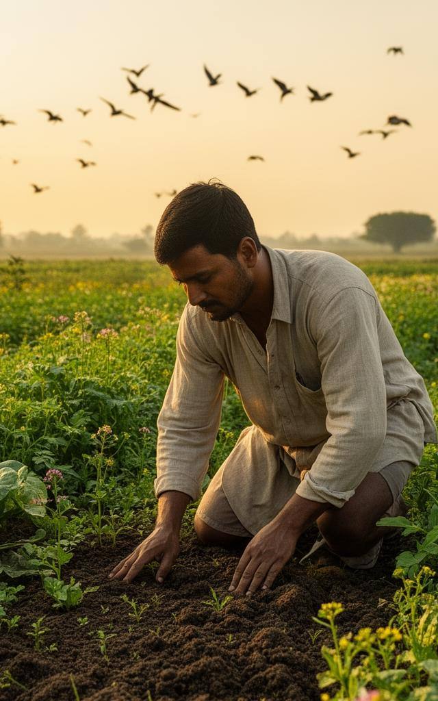 संरक्षण-निरोध वाले हरे-भरे खेत में किसान मिट्टी की देखभाल करते हुए।