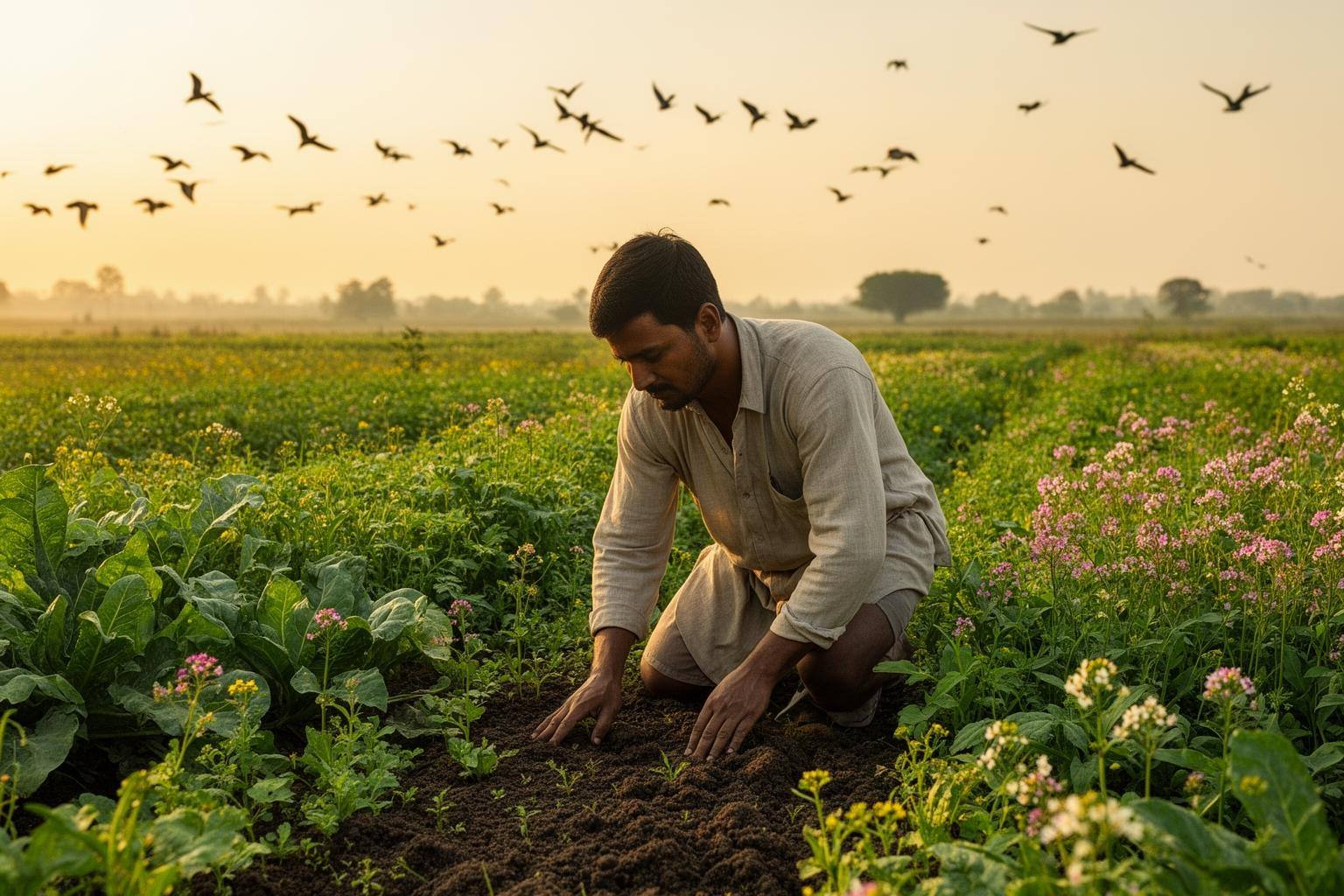 संरक्षण-निरोध वाले हरे-भरे खेत में किसान मिट्टी की देखभाल करते हुए।