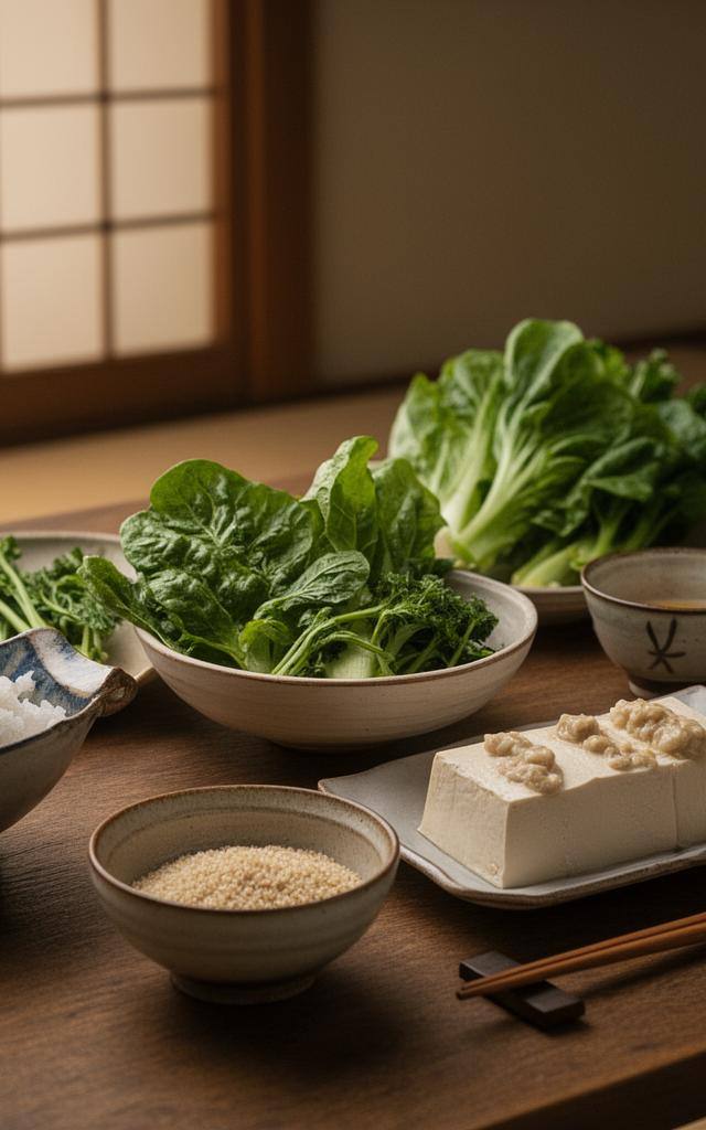 日本の和食器に盛られた植物由来ミールキットの食材一式、新鮮な野菜と豆腐、大豆製品