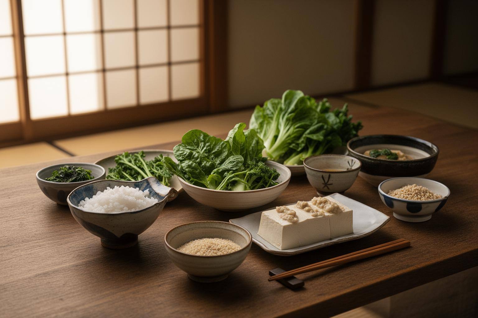 日本の和食器に盛られた植物由来ミールキットの食材一式、新鮮な野菜と豆腐、大豆製品