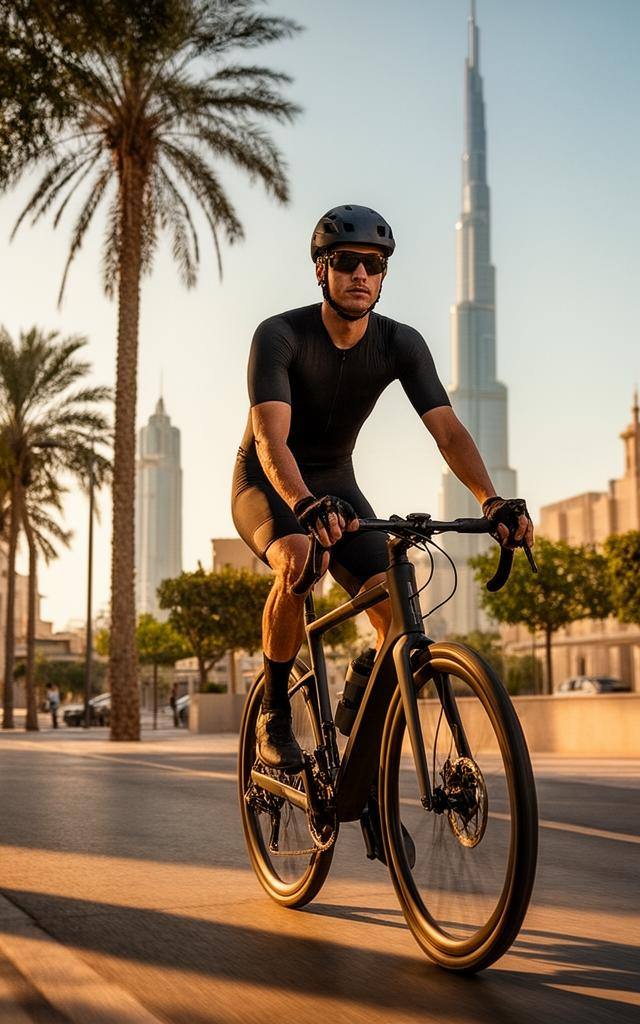 راكب دراجة على مسار أخضر في دبي مع أبراج في الخلفية، تنقل مستدام