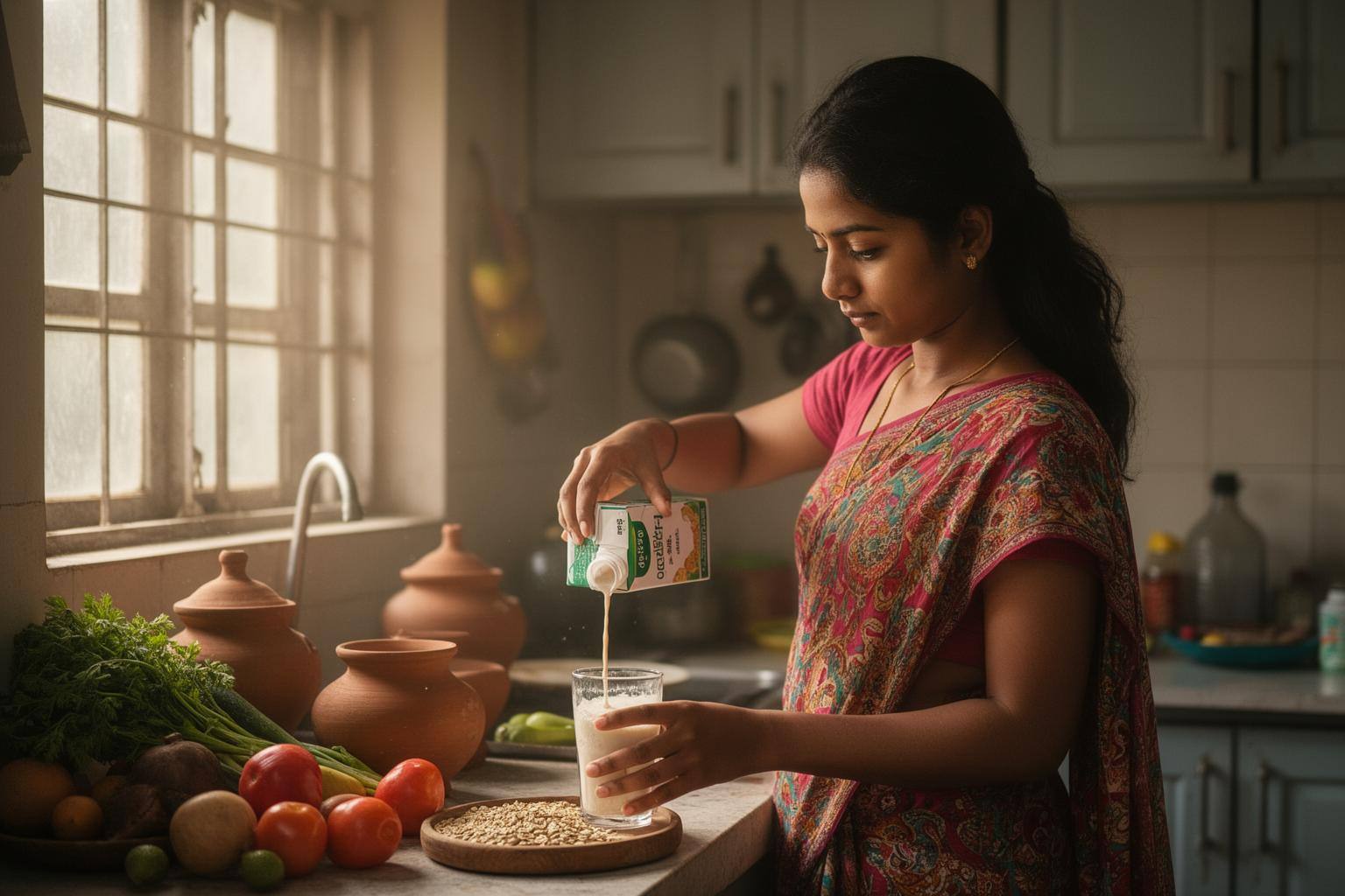 বাঙালি রান্নাঘরে হাতে ধরা আল্ট-ডায়েরির কার্টন, পাশে সবজি ও রান্নার বাসন, মর্নিং লাইটে সাজানো।