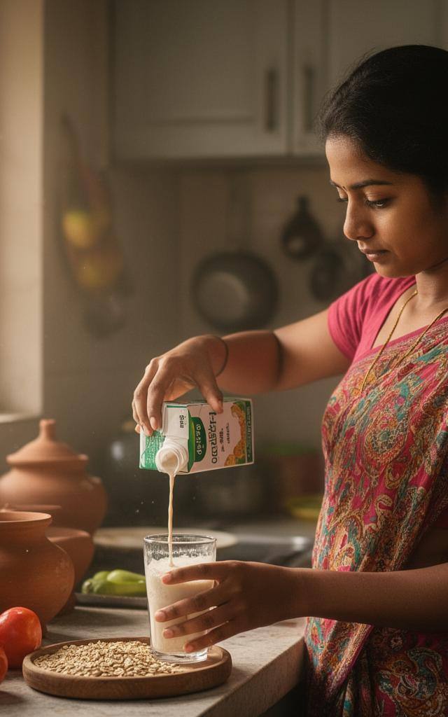 বাঙালি রান্নাঘরে হাতে ধরা আল্ট-ডায়েরির কার্টন, পাশে সবজি ও রান্নার বাসন, মর্নিং লাইটে সাজানো।