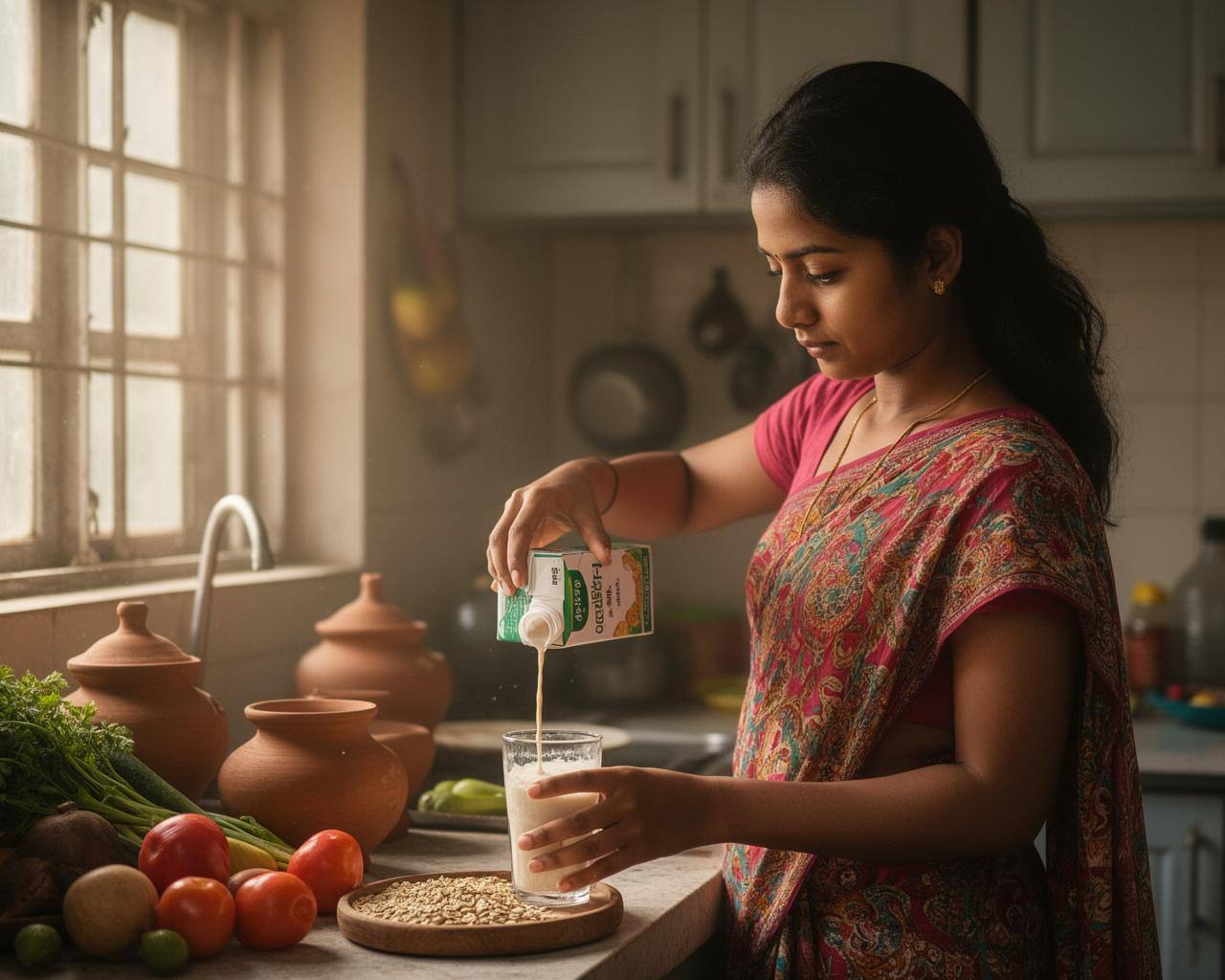 বাঙালি রান্নাঘরে হাতে ধরা আল্ট-ডায়েরির কার্টন, পাশে সবজি ও রান্নার বাসন, মর্নিং লাইটে সাজানো।