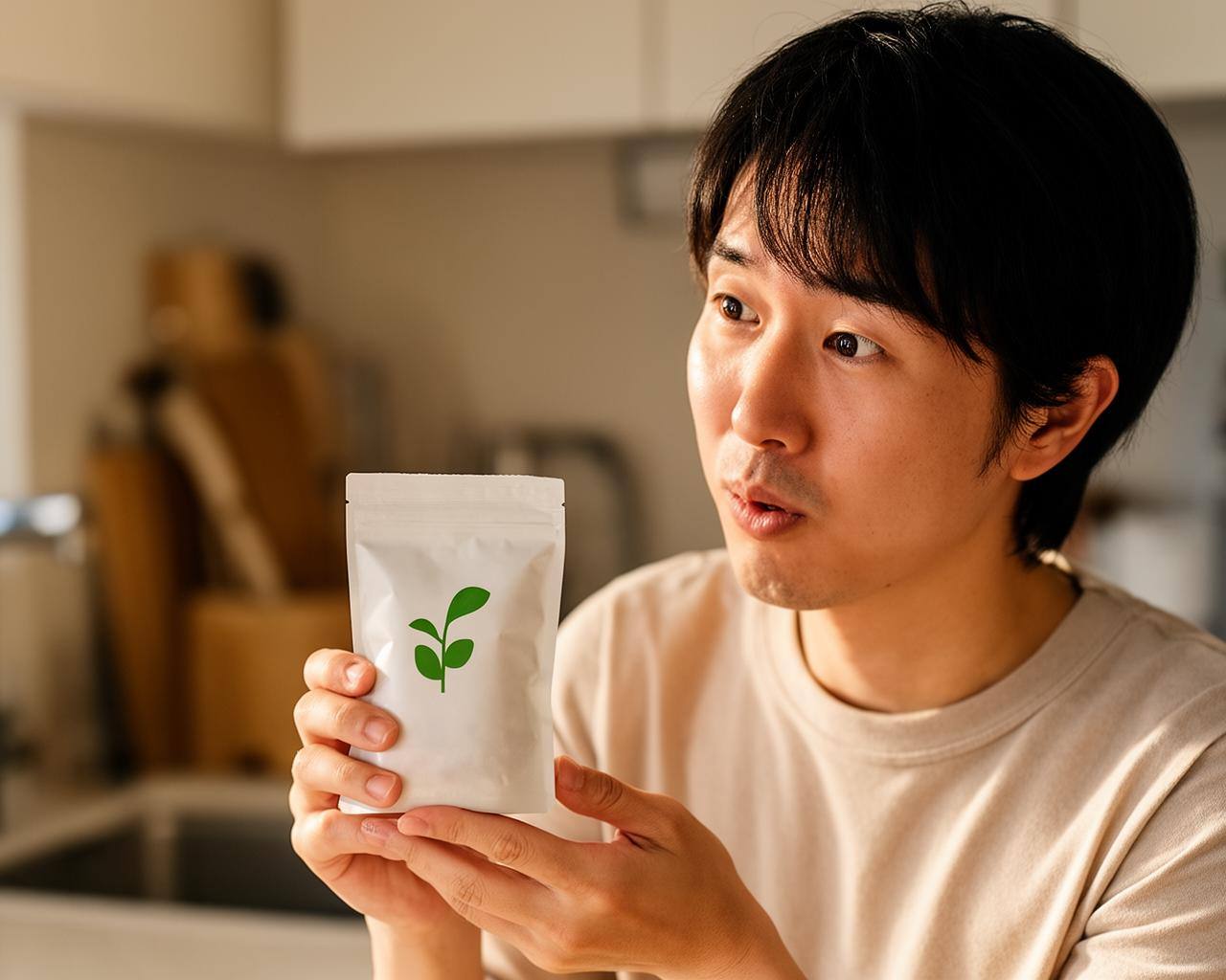 日本の消費者がフランスのヴィーガン商品の新しいラベル表示を確認している風景