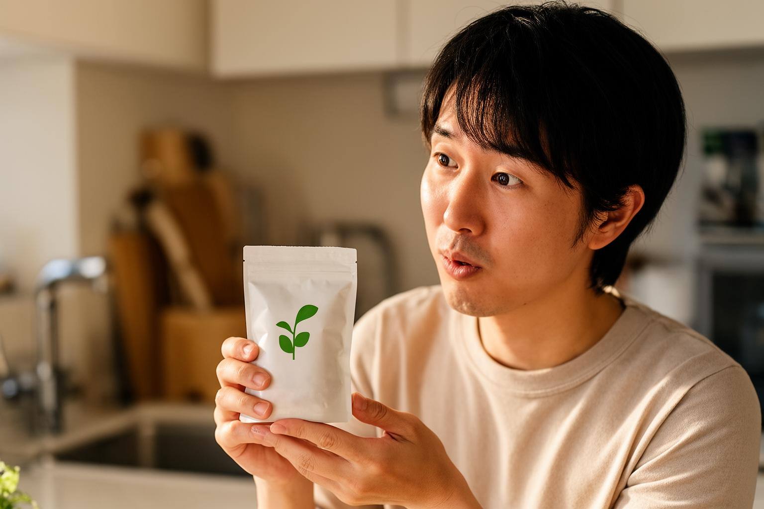日本の消費者がフランスのヴィーガン商品の新しいラベル表示を確認している風景