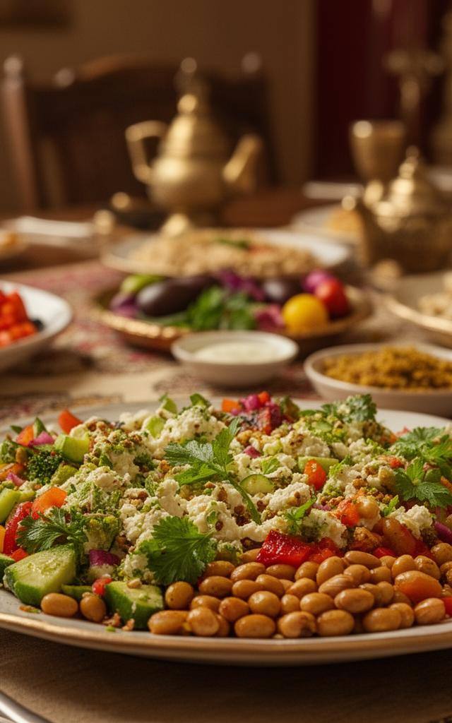 مائدة رمضانية متنوعة تحتوي على أطباق نباتية صحية.