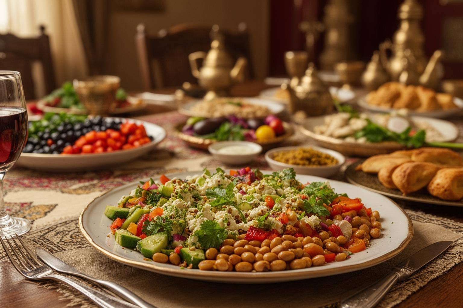 مائدة رمضانية متنوعة تحتوي على أطباق نباتية صحية.