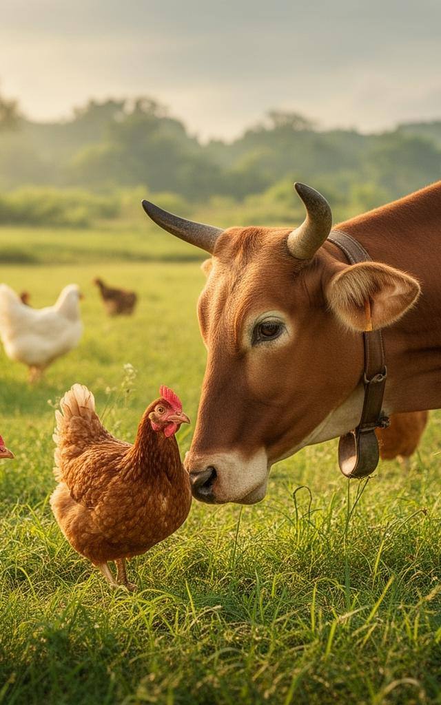 खेत में गाय और मुर्गियां एक साथ