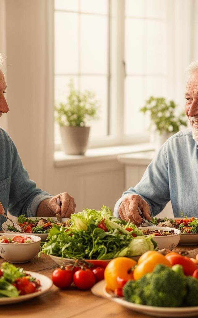Zwei Senioren beim gemeinsamen Essen von pflanzlichen Gerichten am Tisch.
