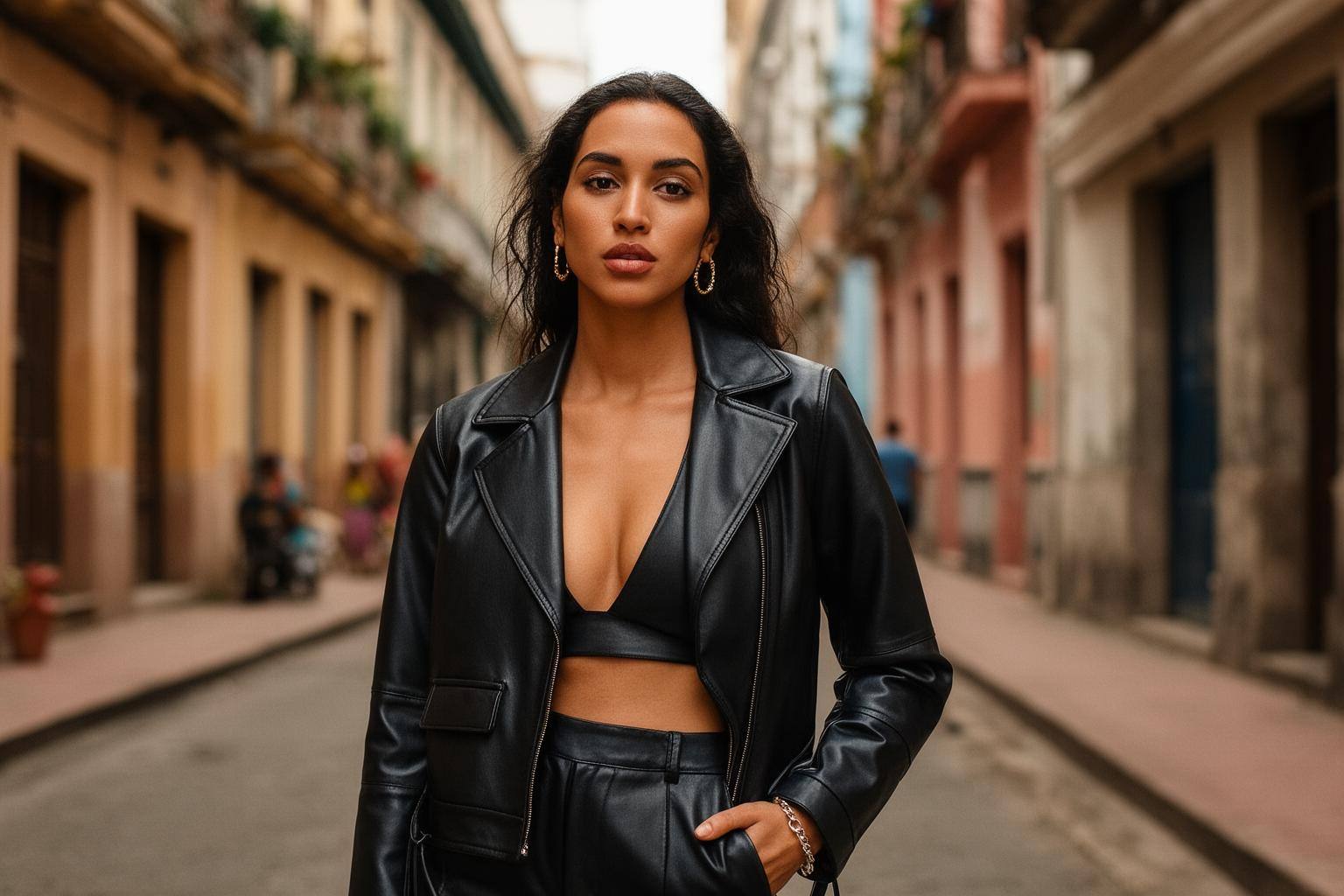 Mujer joven con chaqueta de cuero sintético posando en una calle urbana