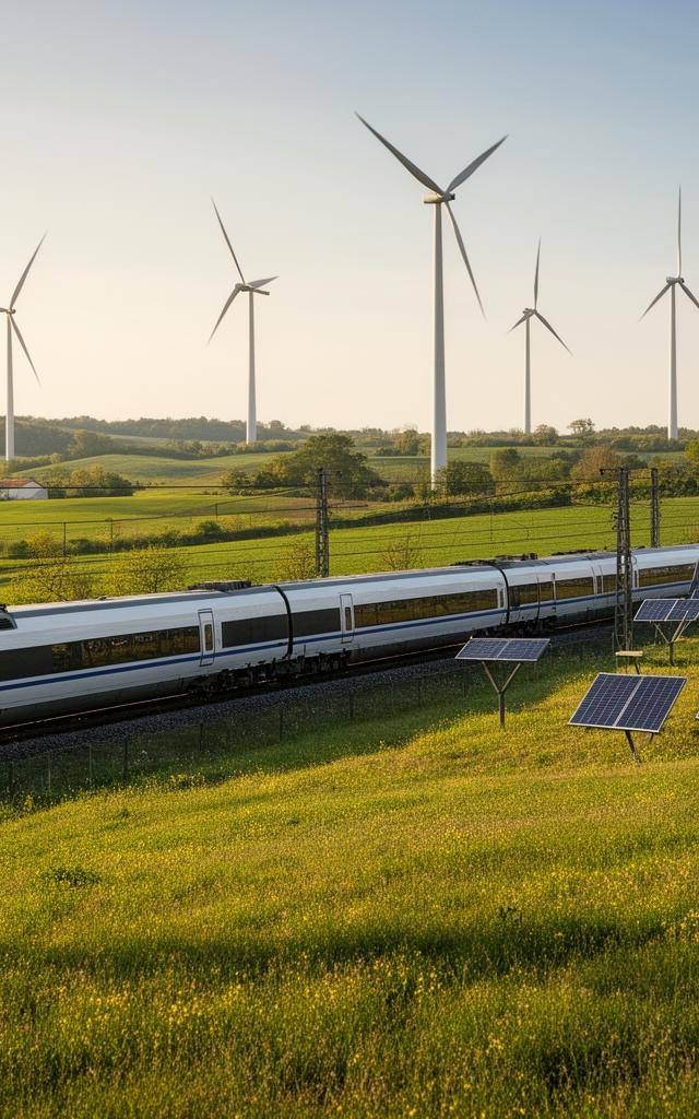 Un train moderne circulant dans un paysage avec éoliennes et panneaux solaires.