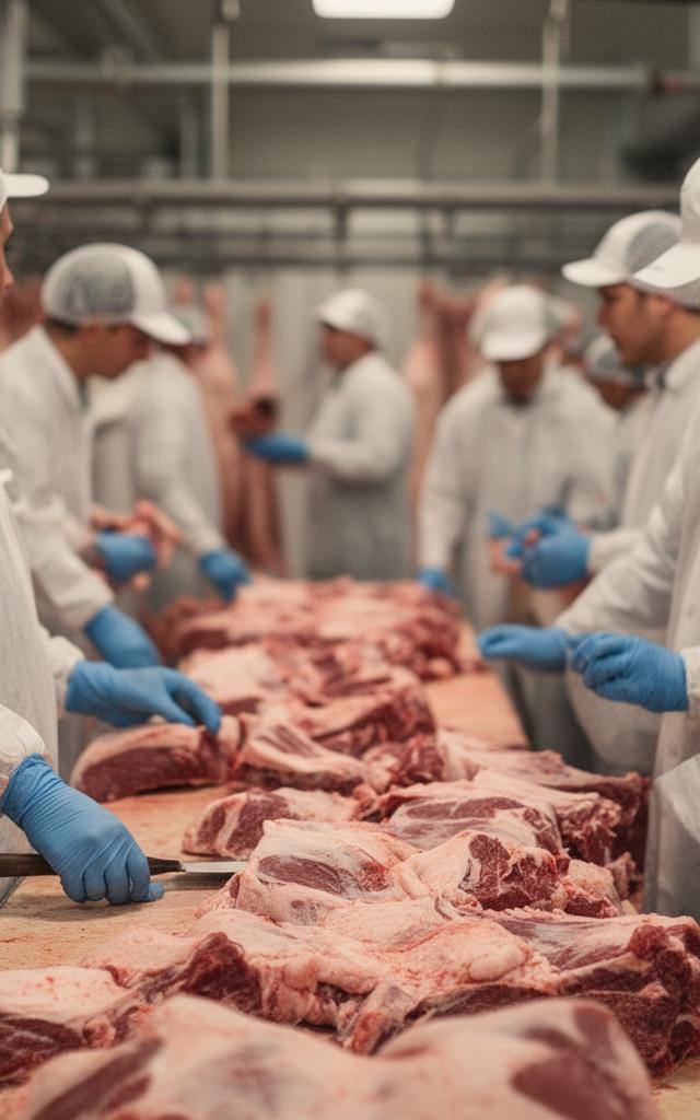 Trabalhadores em uma fábrica de processamento de carne com uniformes brancos.