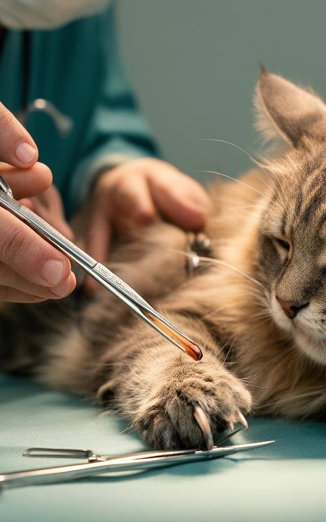 Veterinário a segurar um instrumento cirúrgico próximo à pata de um gato.