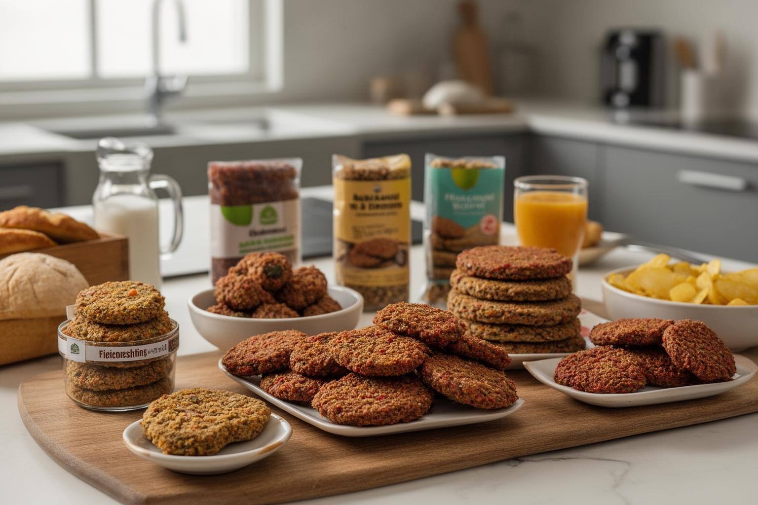 Verschiedene vegane Fleischersatzprodukte und Beilagen auf einem Küchentisch angerichtet.