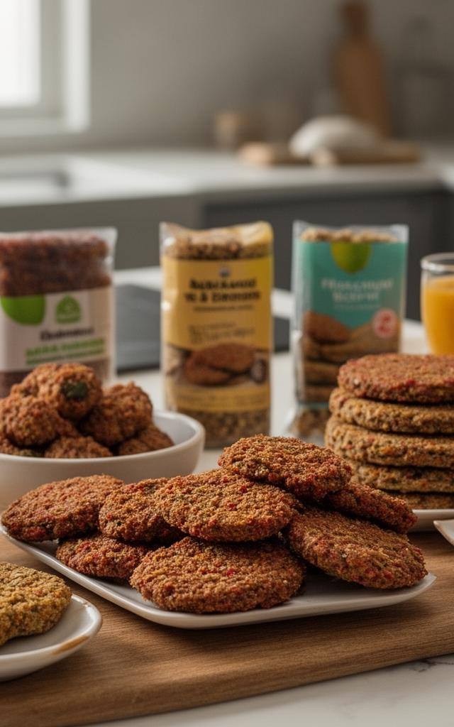 Verschiedene vegane Fleischersatzprodukte und Beilagen auf einem Küchentisch angerichtet.
