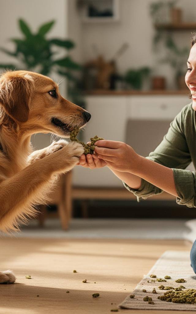Woman feeding treats to a golden retriever and a tabby cat indoors.