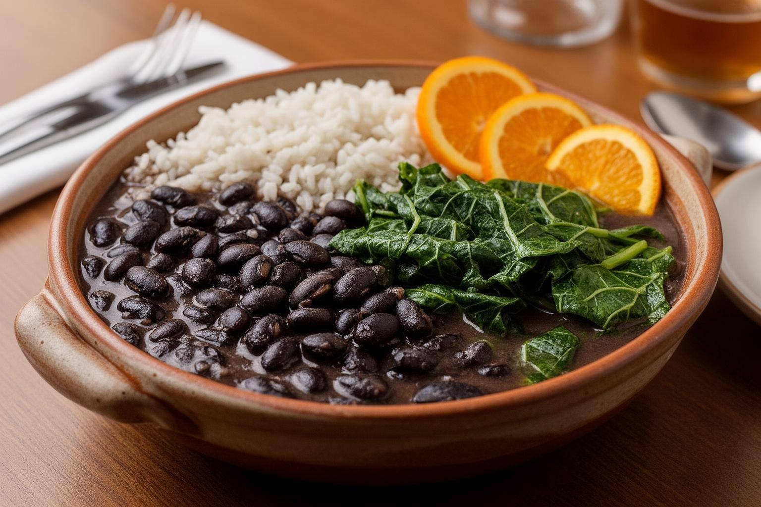 Feijoada vegana com arroz e couve servida à mesa