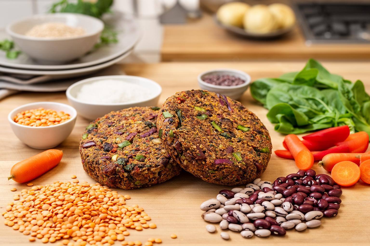 Hamburguesas veganas ultraprocesadas en una mesa rústica con ingredientes frescos