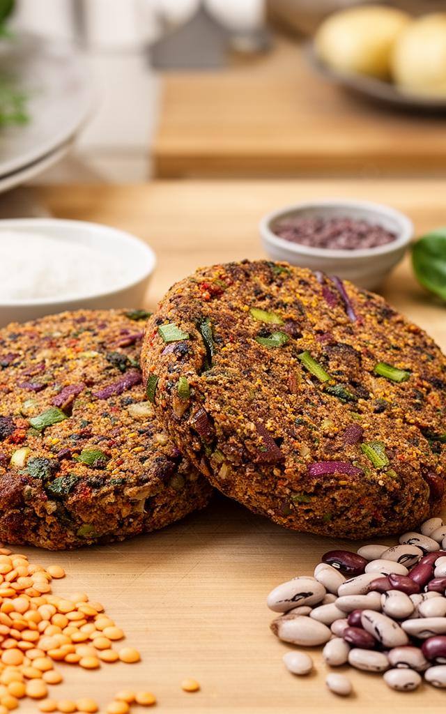 Hamburguesas veganas ultraprocesadas en una mesa rústica con ingredientes frescos