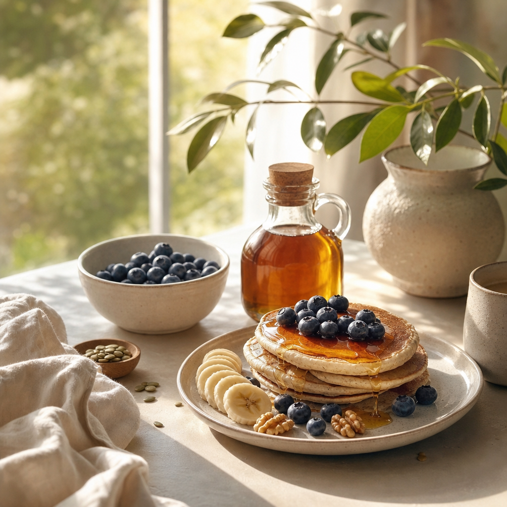 Petit-déjeuner éthique présentant du sirop d'érable comme alternative durable et vegan au miel.
