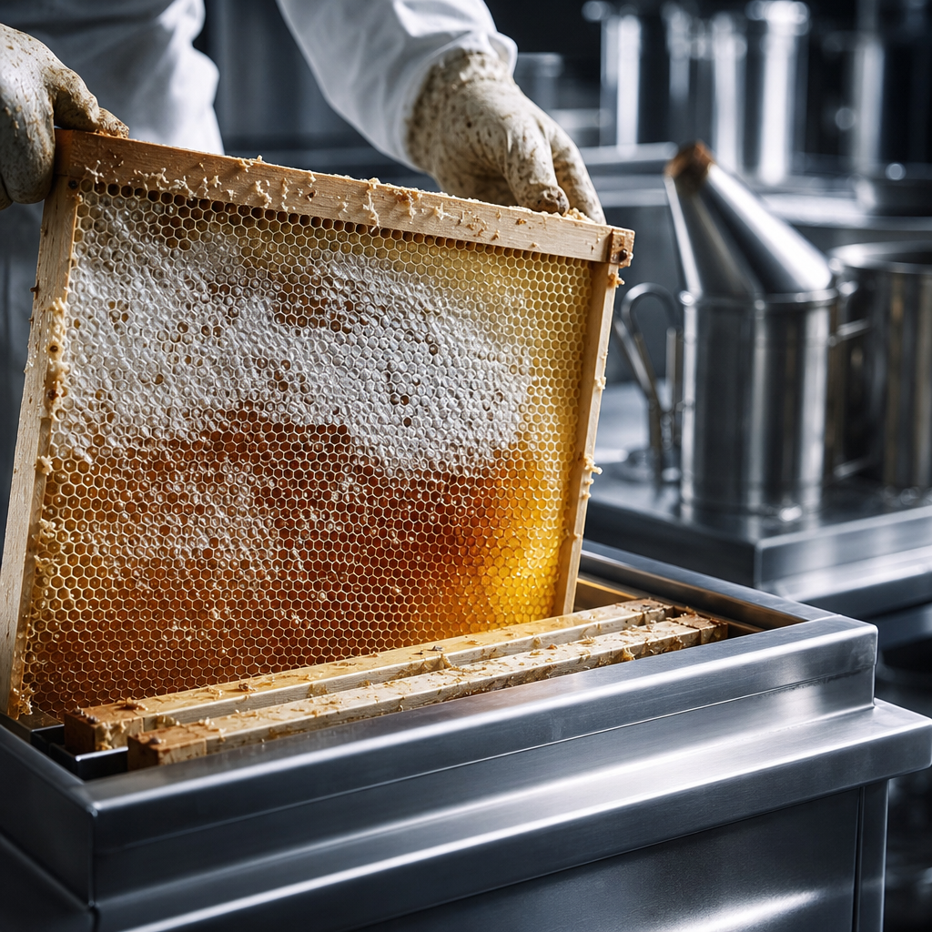Intérieur d'une ruche industrielle montrant les cadres de récolte et le stress imposé à la colonie d'abeilles.