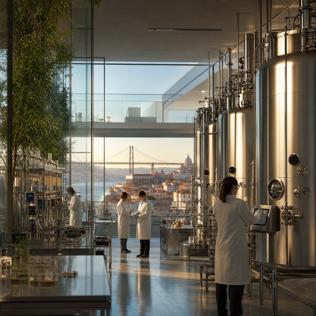 Tanques de fermentação de aço inoxidável numa biofábrica moderna em Portugal produzindo proteínas sustentáveis.