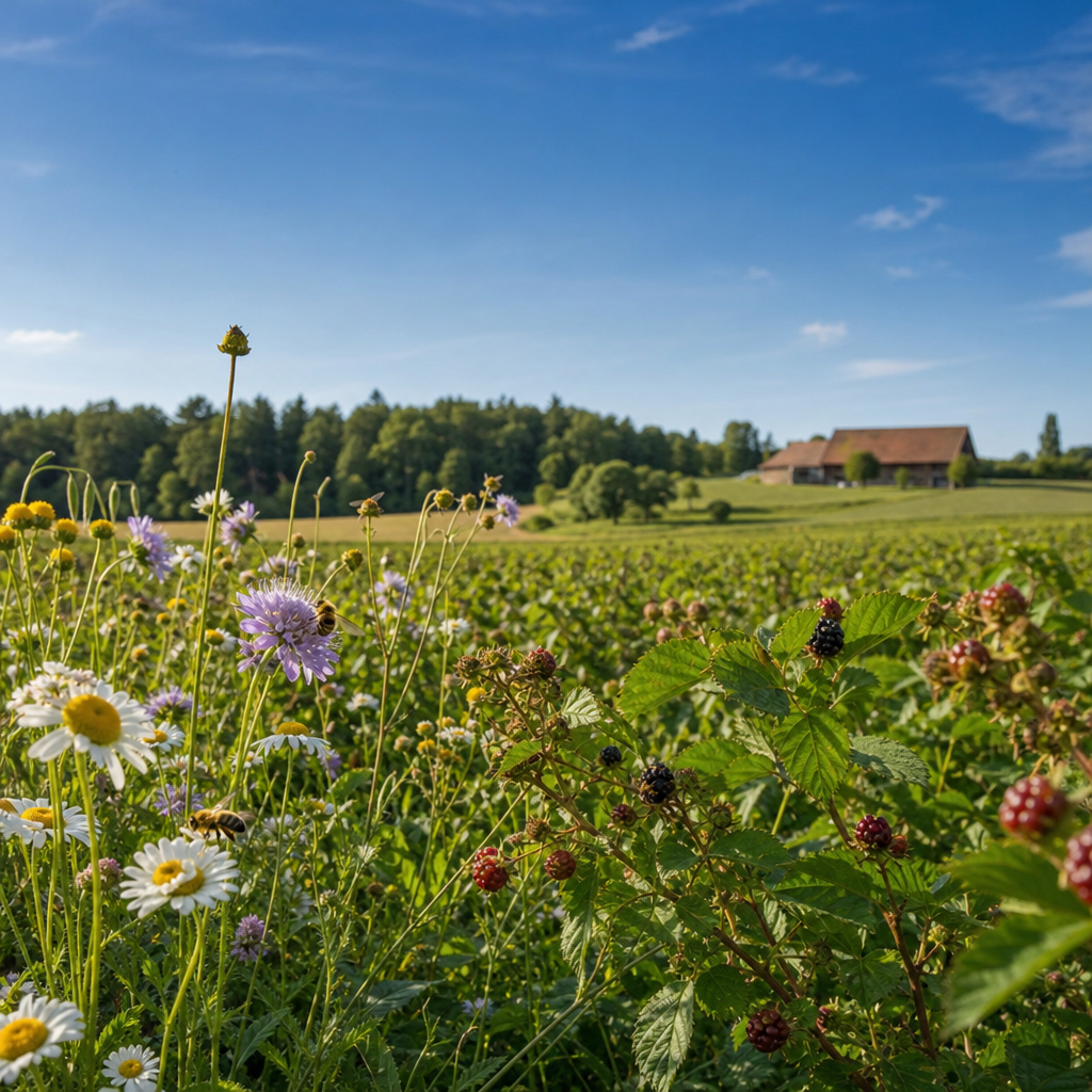 Ein ökologisch bewirtschaftetes Beerenfeld in Deutschland mit hoher Biodiversität und lokalen Anbaustrukturen.