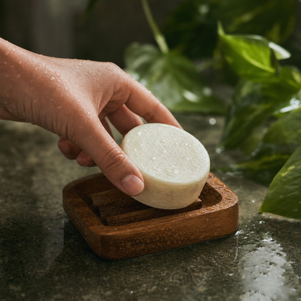 A zero-waste shampoo bar being held over a wooden dish to illustrate sustainable personal care swaps.
