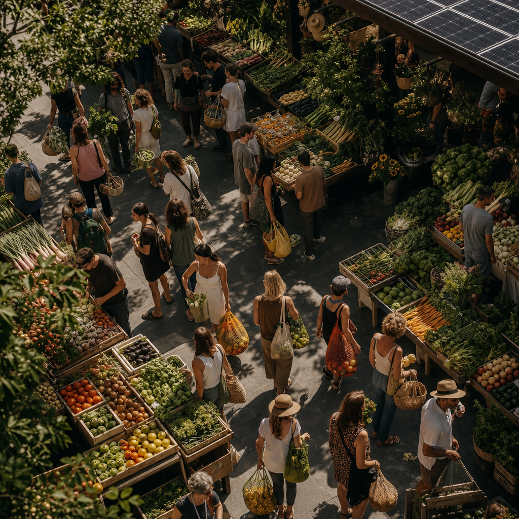 People using reusable mesh bags at an outdoor market to reduce single-use plastic produce bags.