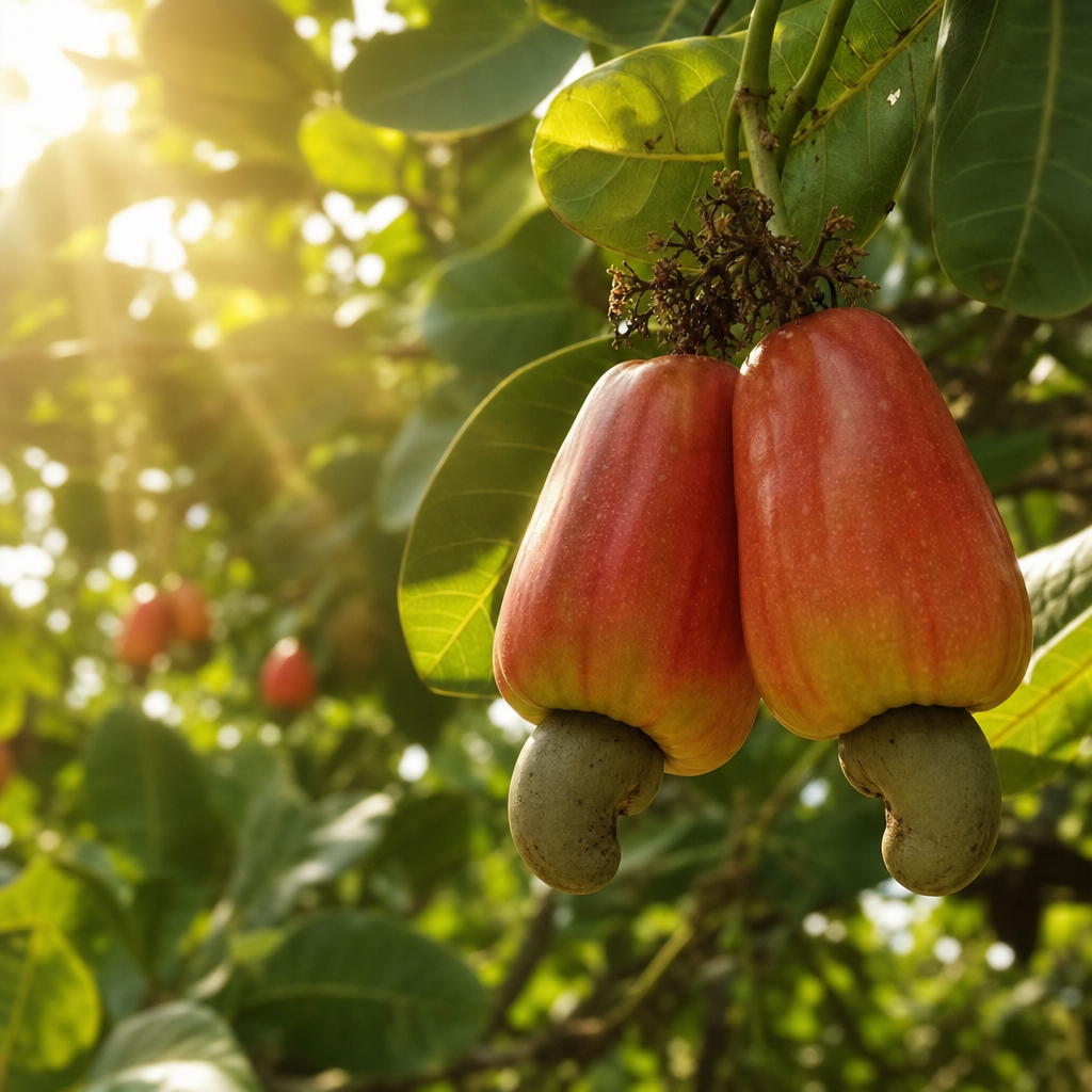 Cajueiros em uma plantação sustentável com frutos maduros sob a luz do sol.