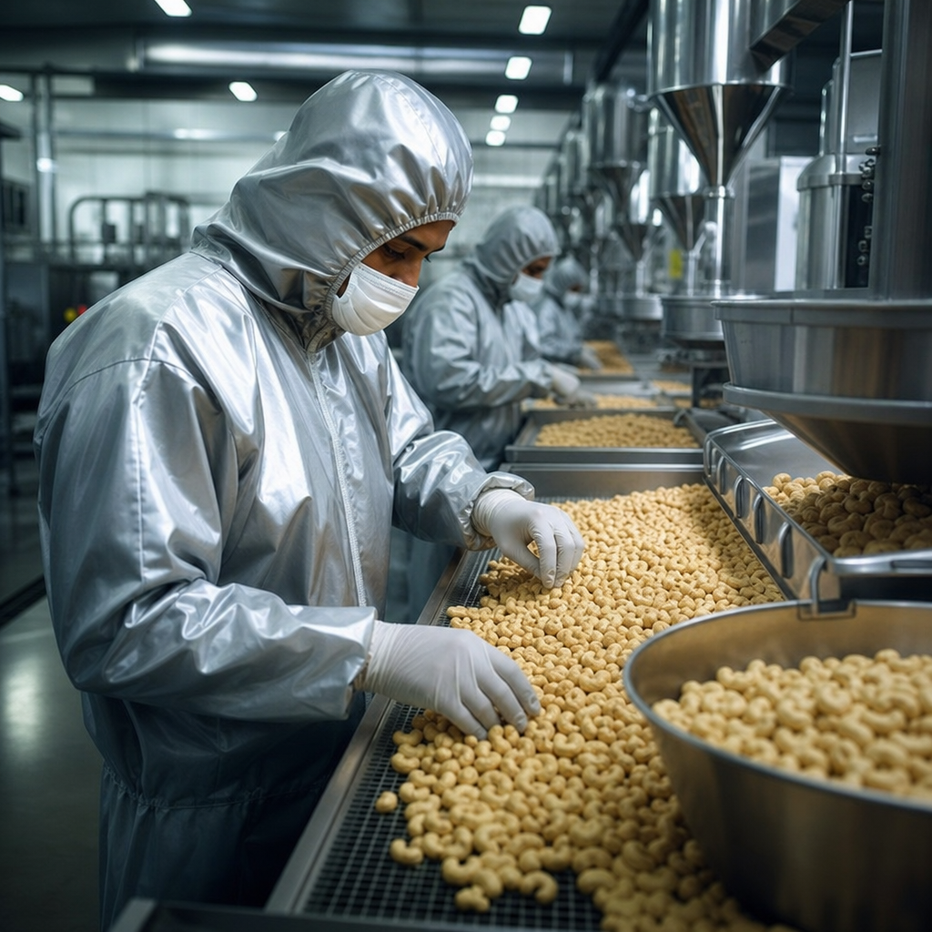 Interior de uma fábrica moderna de processamento mecânico de caju garantindo a segurança dos trabalhadores.