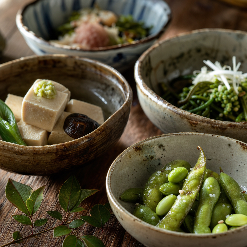高野豆腐や枝豆など、地元の旬の食材を活かした色彩豊かな地産地消ヴィーガン料理の食卓