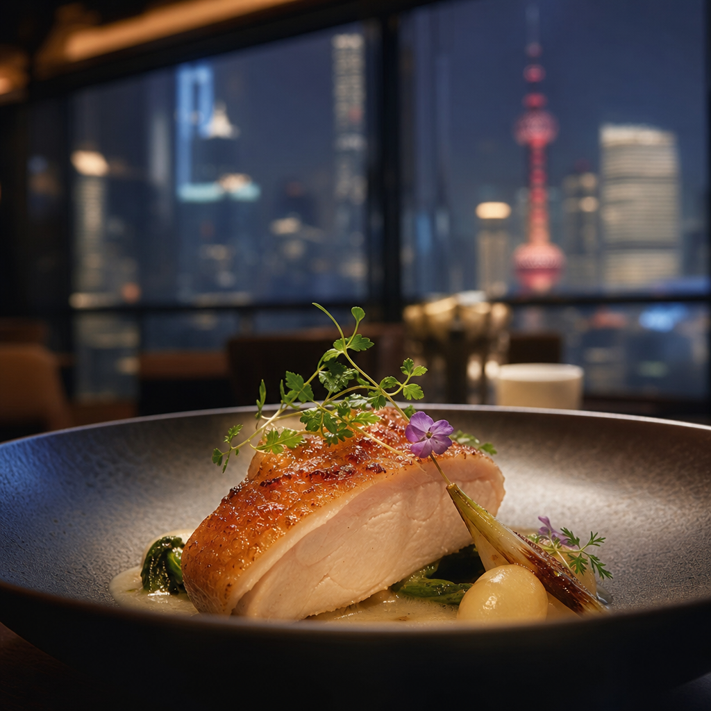 在上海高端餐厅内展示的精美细胞培养鸡肉料理,质地细腻,辅以清新草本装饰。