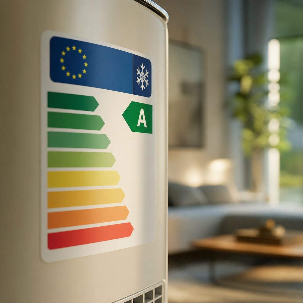 Etiqueta de eficiência energética da União Europeia de 2026 mostrando a classificação Classe A.