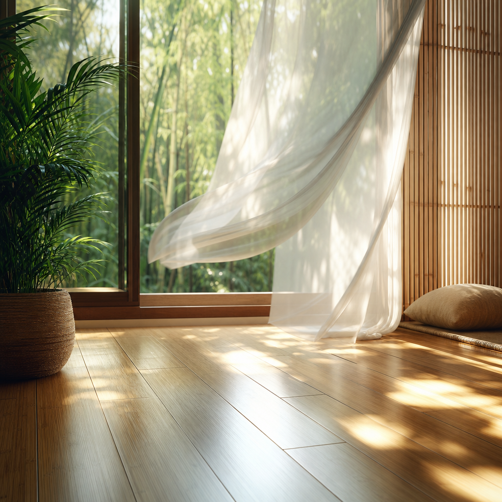 Ventilação natural numa casa sustentável com luz solar suave e materiais naturais no chão.