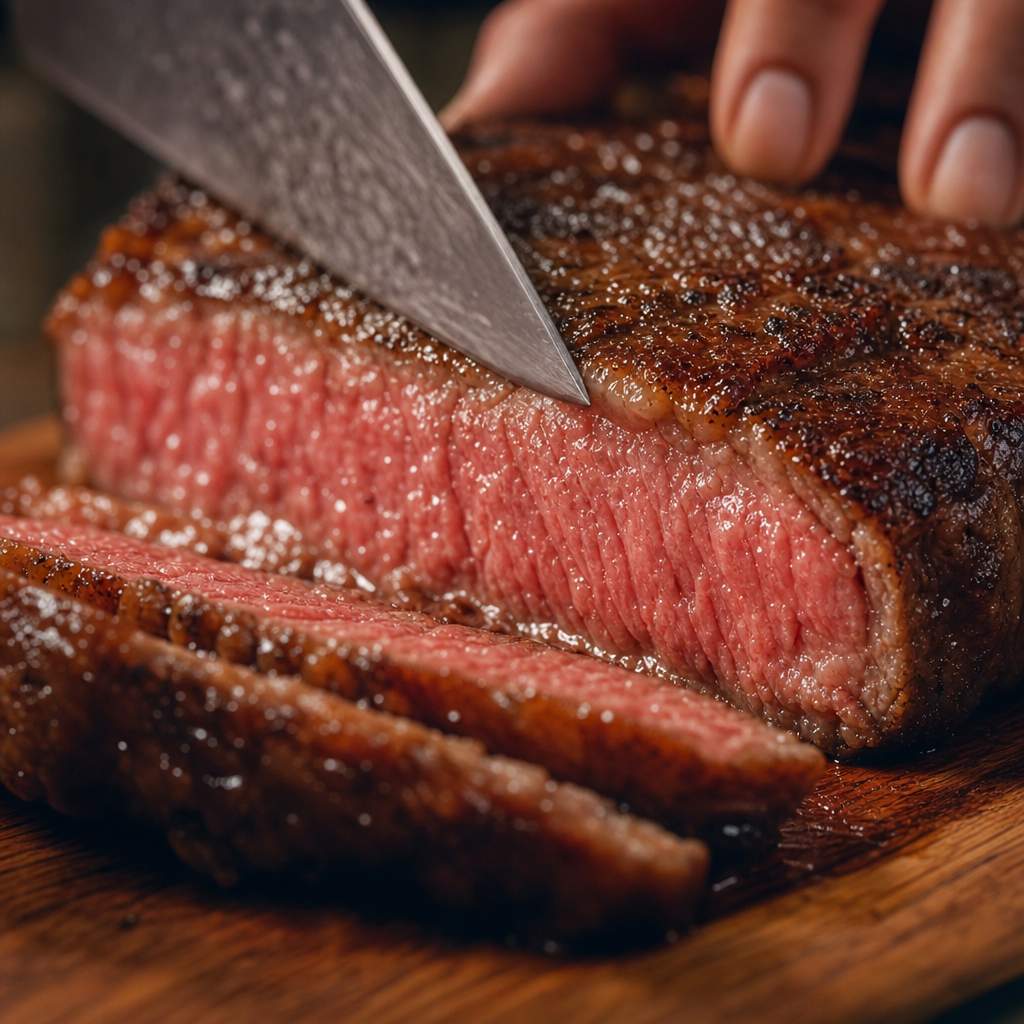 Gros plan d'un steak hybride juteux révélant la texture du gras cultivé après cuisson.