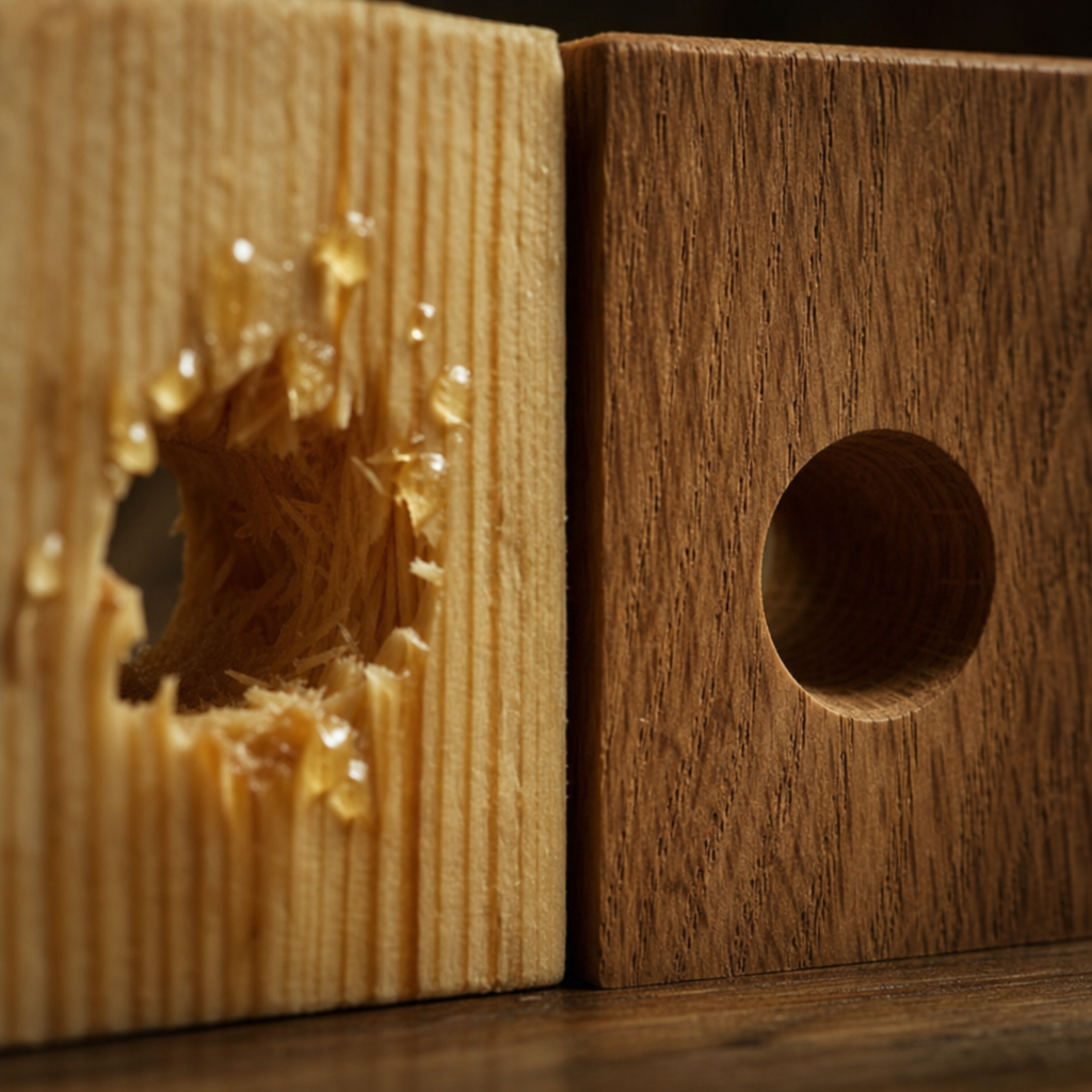 Makroaufnahme eines schlecht verarbeiteten Bohrlochs in Weichholz mit gefährlichen Splittern für Wildbienen.