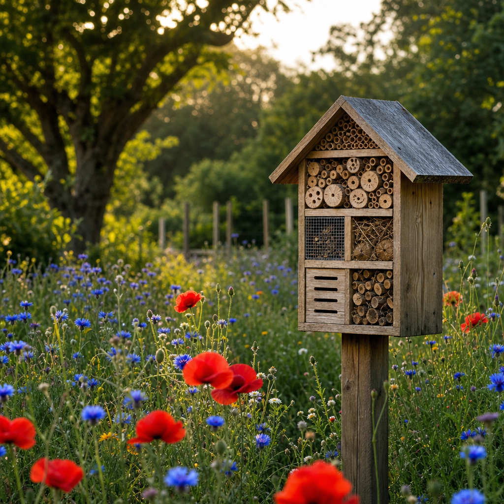 Ein stabiles Insektenhotel an einem sonnigen Standort inmitten einer vielfältigen Blumenwiese für optimale Nahrungsversorgung.