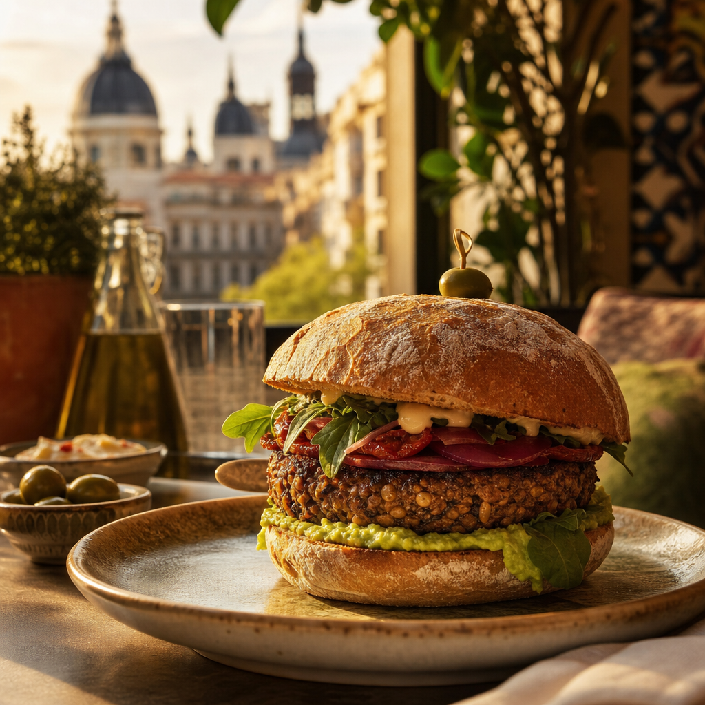 Hamburguesa vegetal gourmet en Madrid representando la tendencia al alza tras el Impuesto Bienestar Animal España 2026.