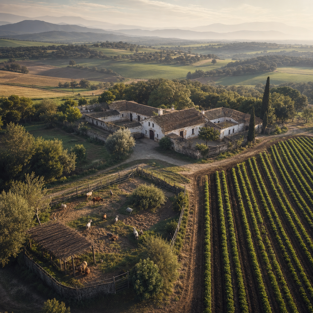 Vista aérea de una finca agrícola española transicionando hacia la producción sostenible de proteínas vegetales.