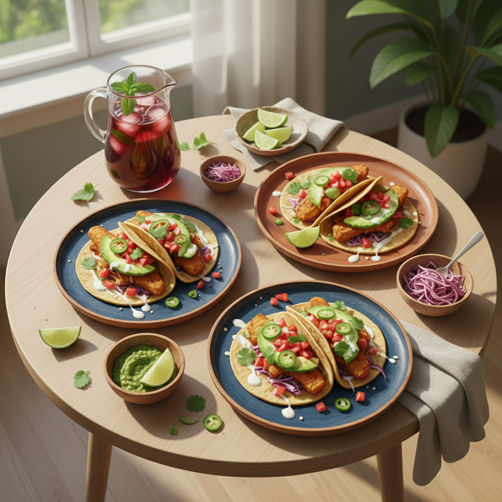 Um prato apetitoso e colorido de tacos de 'peixe' à base de plantas, servido numa mesa com um estilo moderno e luminoso.