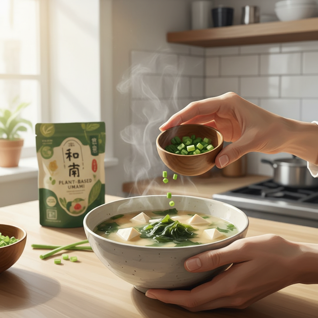 完成したヴィーガン味噌汁に薬味のネギを添えている。優しく思いやりのある食生活を象徴する一枚。