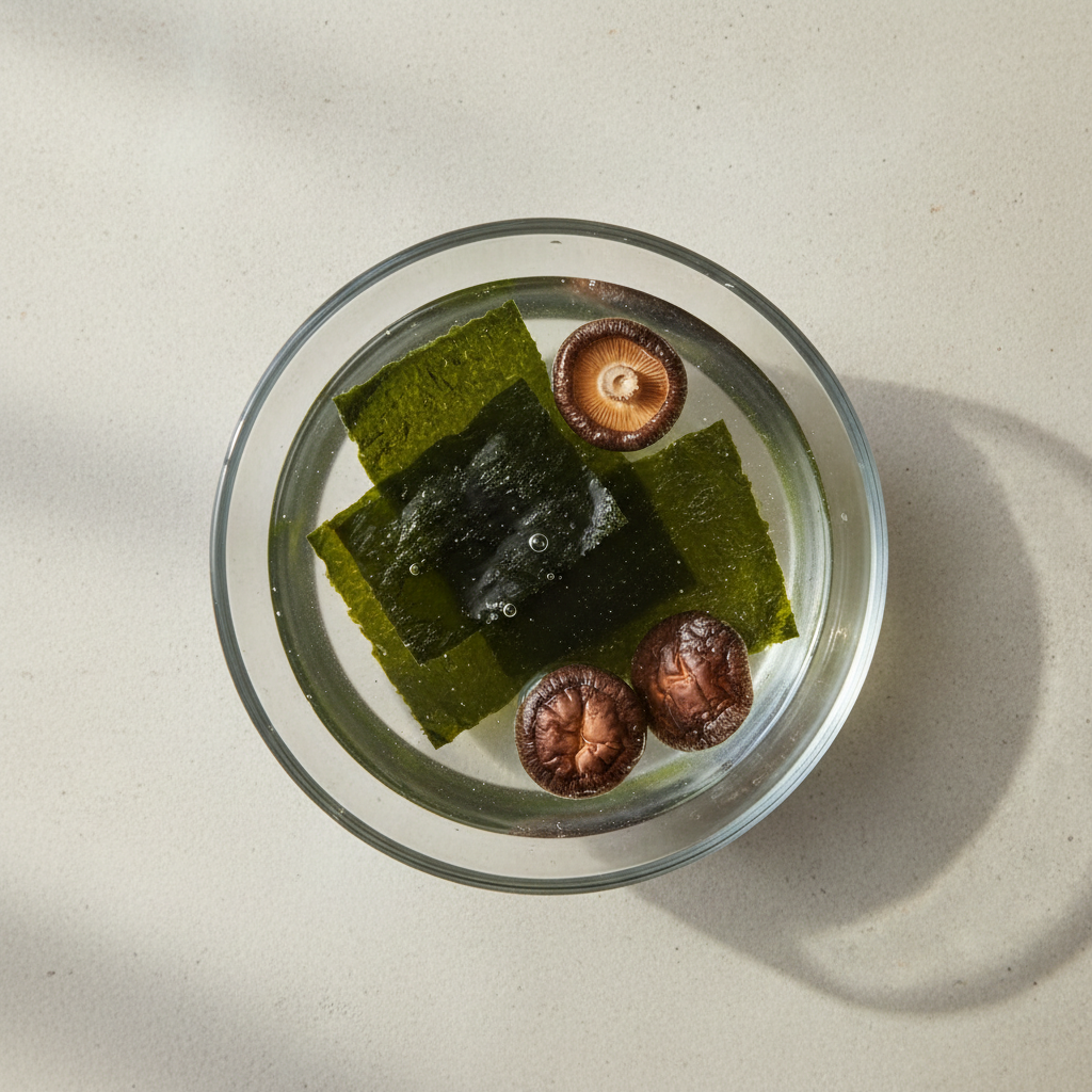 透明なガラスのボウルの中で、昆布と干し椎茸から植物性のヴィーガン出汁が作られている。