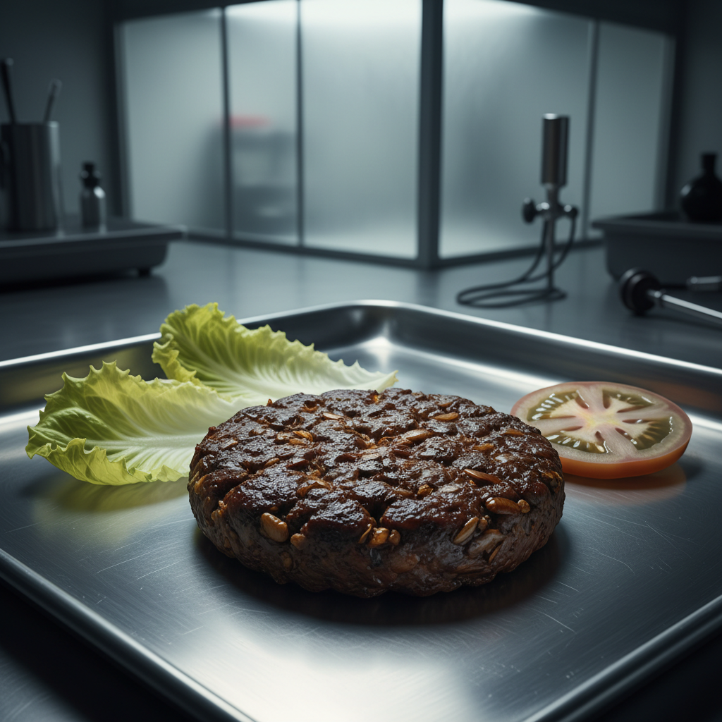 Ein unappetitlich wirkender Burger-Patty aus Insektenmasse unter klinischem Licht, der den 'Igitt-Faktor' verdeutlicht.