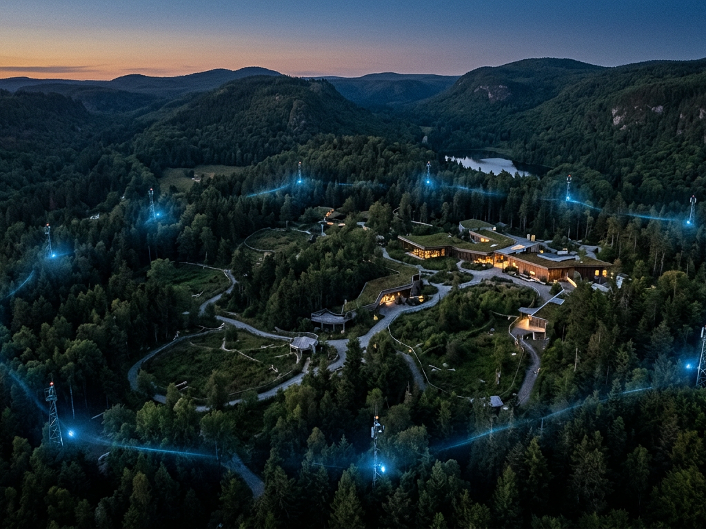 A high-tech animal sanctuary using non-intrusive sensor towers for real-time monitoring of wildlife.