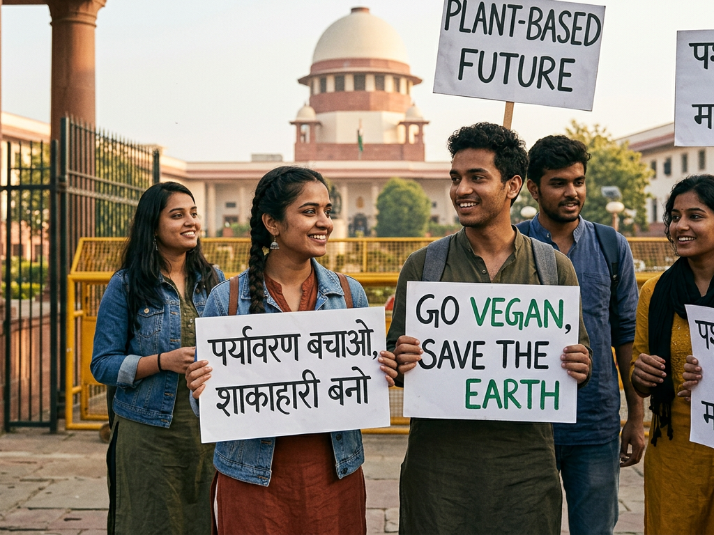 भारत में जलवायु मुकदमे का समर्थन करते हुए युवा कार्यकर्ता वीगन जीवनशैली के लिए प्रदर्शन कर रहे हैं।