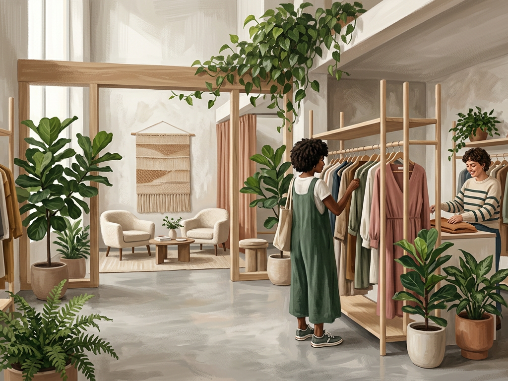 Interior de una boutique moderna de intercambio de ropa resaltando el consumo colaborativo y la economía circular.
